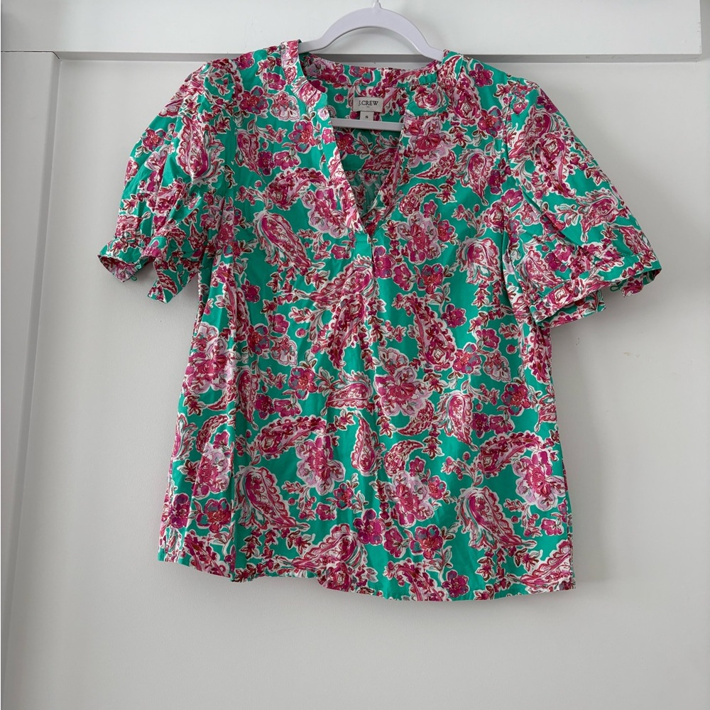 J. Crew Vibrant Green and Pink Floral Blouse